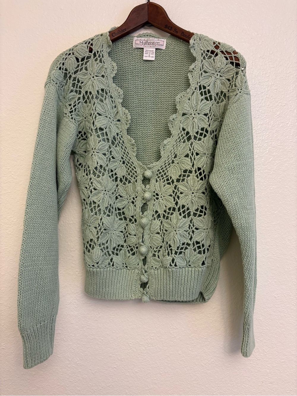 Melbourne Elements Sage Green Crochet Knit Cardigan Sweater Small Cottagecore
